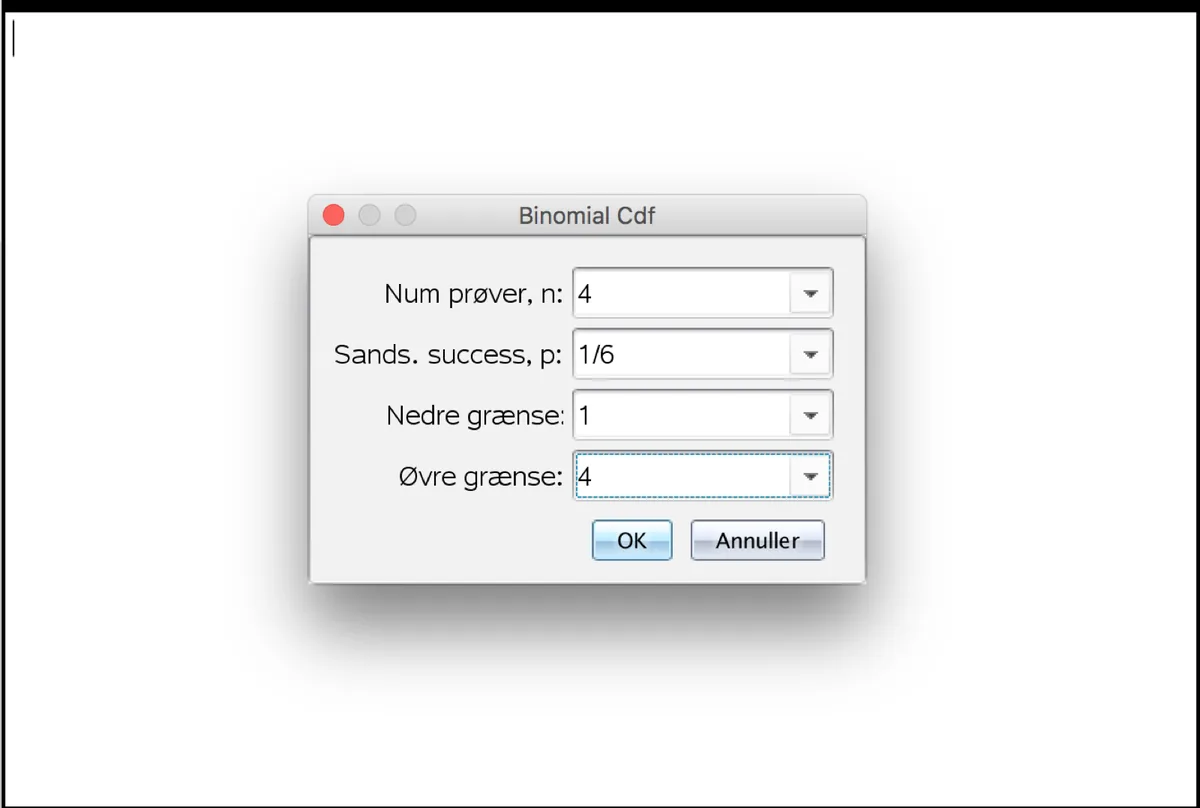 TI-Nspire dialogboks Binomial Cdf med 4 forsøg og sandsynlighed 1/6