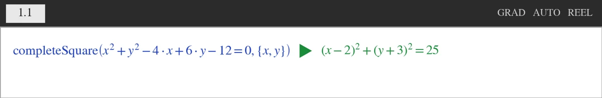 TI-Nspire completeSquare der giver (x − 2)² + (y + 3)² = 25