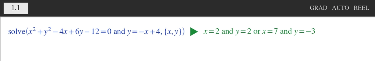 TI-Nspire solve der giver skæringspunkterne (2, 2) og (7, −3)