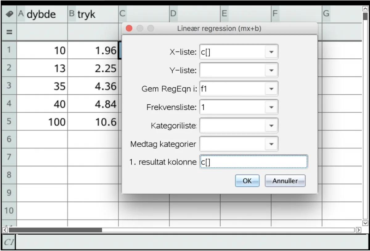 TI-Nspire dialogboks Lineær regression før lister er valgt