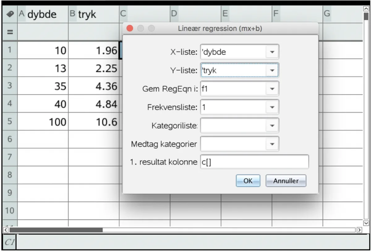 TI-Nspire dialogboks Lineær regression med dybde og tryk valgt