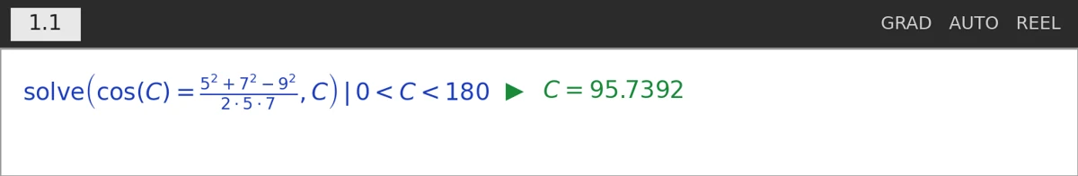 TI-Nspire solve der finder vinkel C = 95,7392° ud fra tre sider