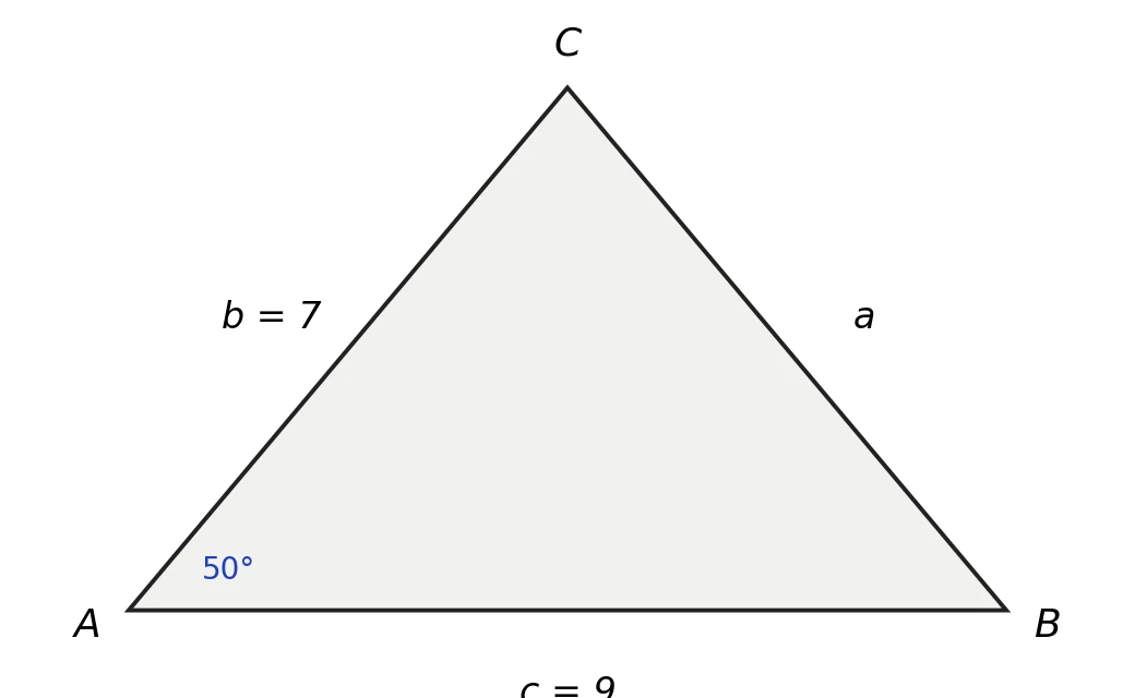 Trekant ABC med siderne b = 7 og c = 9 og vinkel A = 50°
