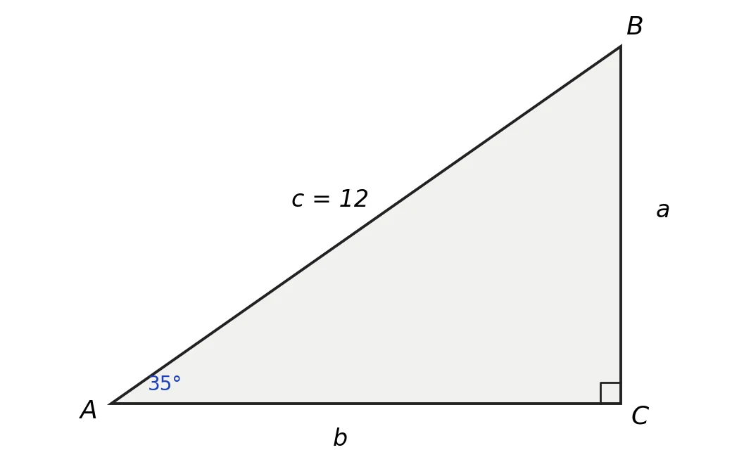 Retvinklet trekant ABC med vinkel A = 35°, ret vinkel i C og hypotenusen c = 12