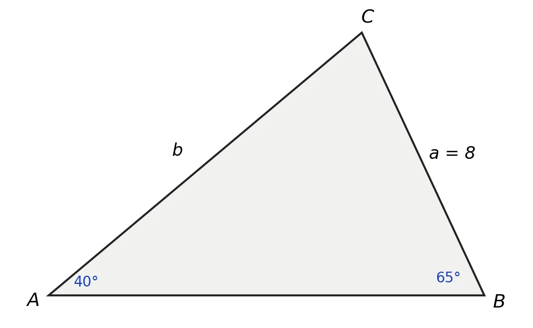 Trekant ABC med vinkel A = 40°, vinkel B = 65° og siden a = 8