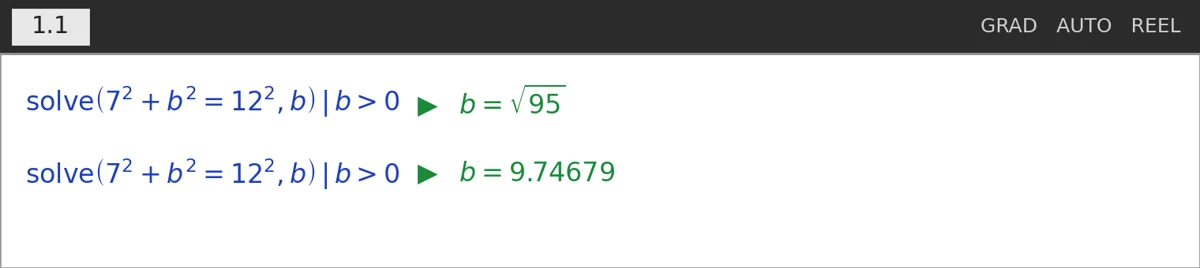 TI-Nspire solve med Pythagoras der giver b = kvadratroden af 95, cirka 9,74679