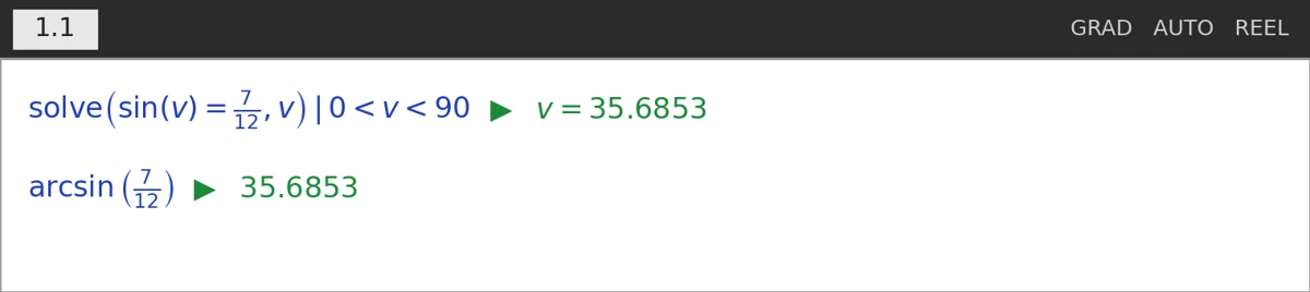 TI-Nspire solve og arcsin der finder vinklen 35,6853°