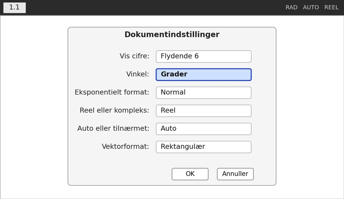 TI-Nspire Dokumentindstillinger med vinkelenheden sat til Grader